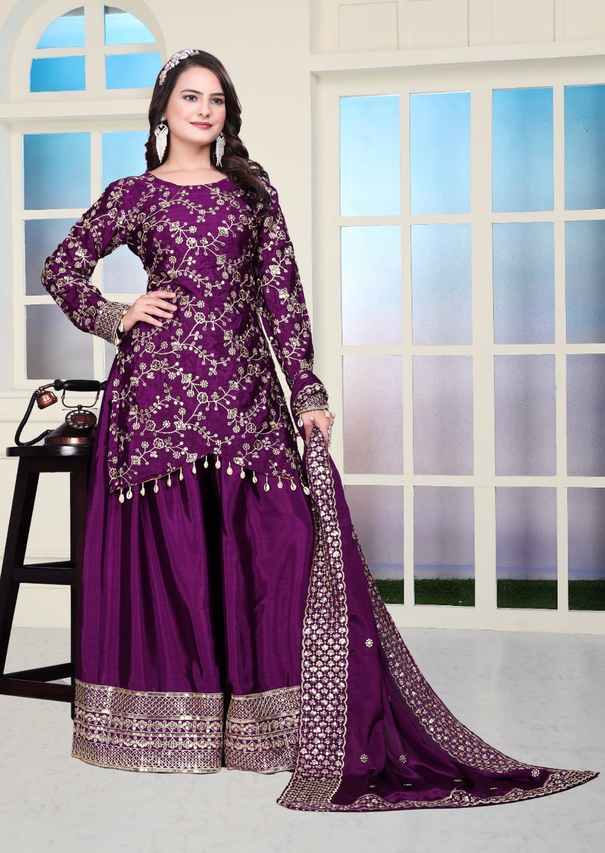 PresentingNew Designer Embroidered Chinon Sharara Suit With Sequence Embroidered Work