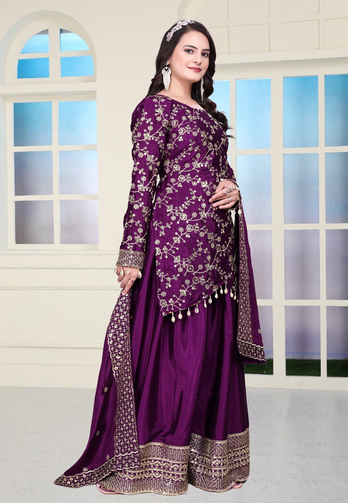 PresentingNew Designer Embroidered Chinon Sharara Suit With Sequence Embroidered Work