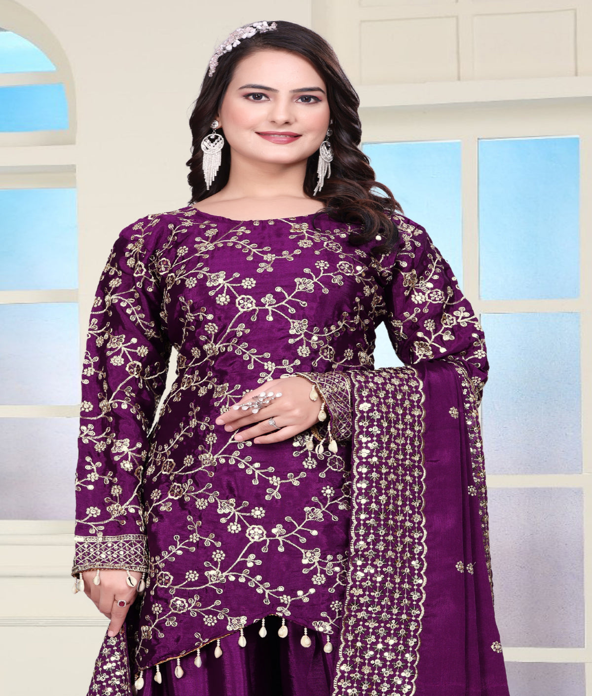 PresentingNew Designer Embroidered Chinon Sharara Suit With Sequence Embroidered Work