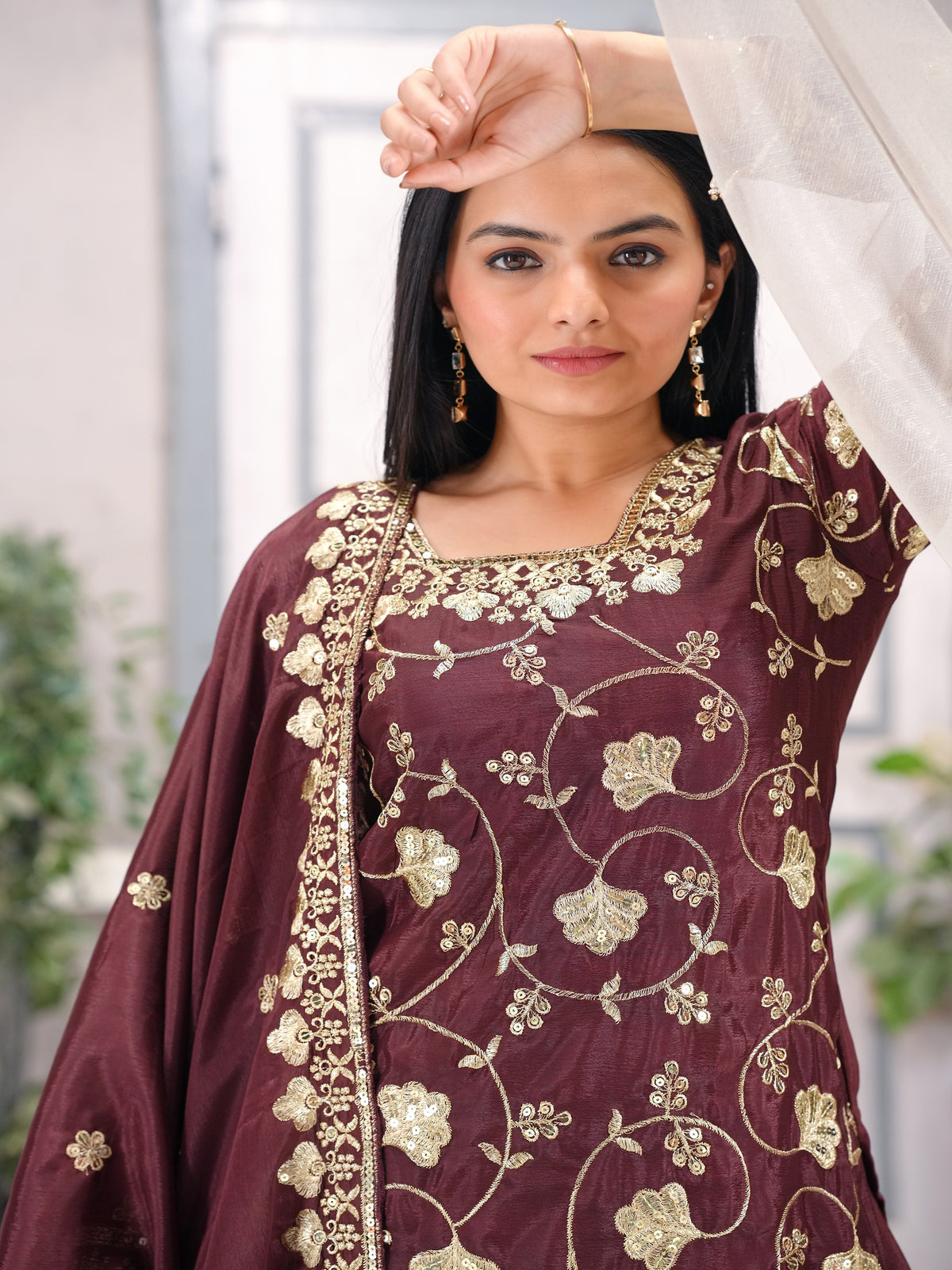 PresentingNew Designer Embroidered Chinon Sharara Suit With Sequence Embroidered Work