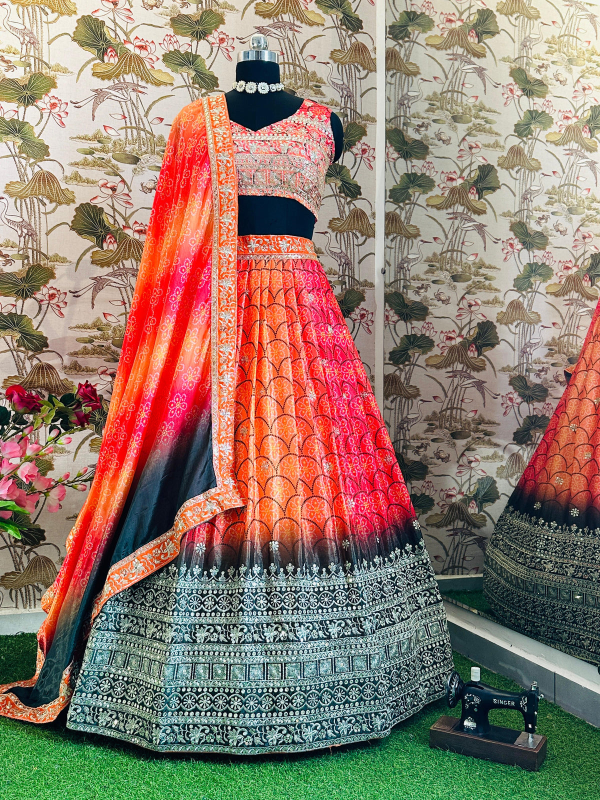 DESINGER HOUSE PRESENTS CHINON SILK WITH DIGITAL PRINT AND EMBROIDERY SEQUENCE DESIGN WORK LEHENGHA CHOLI