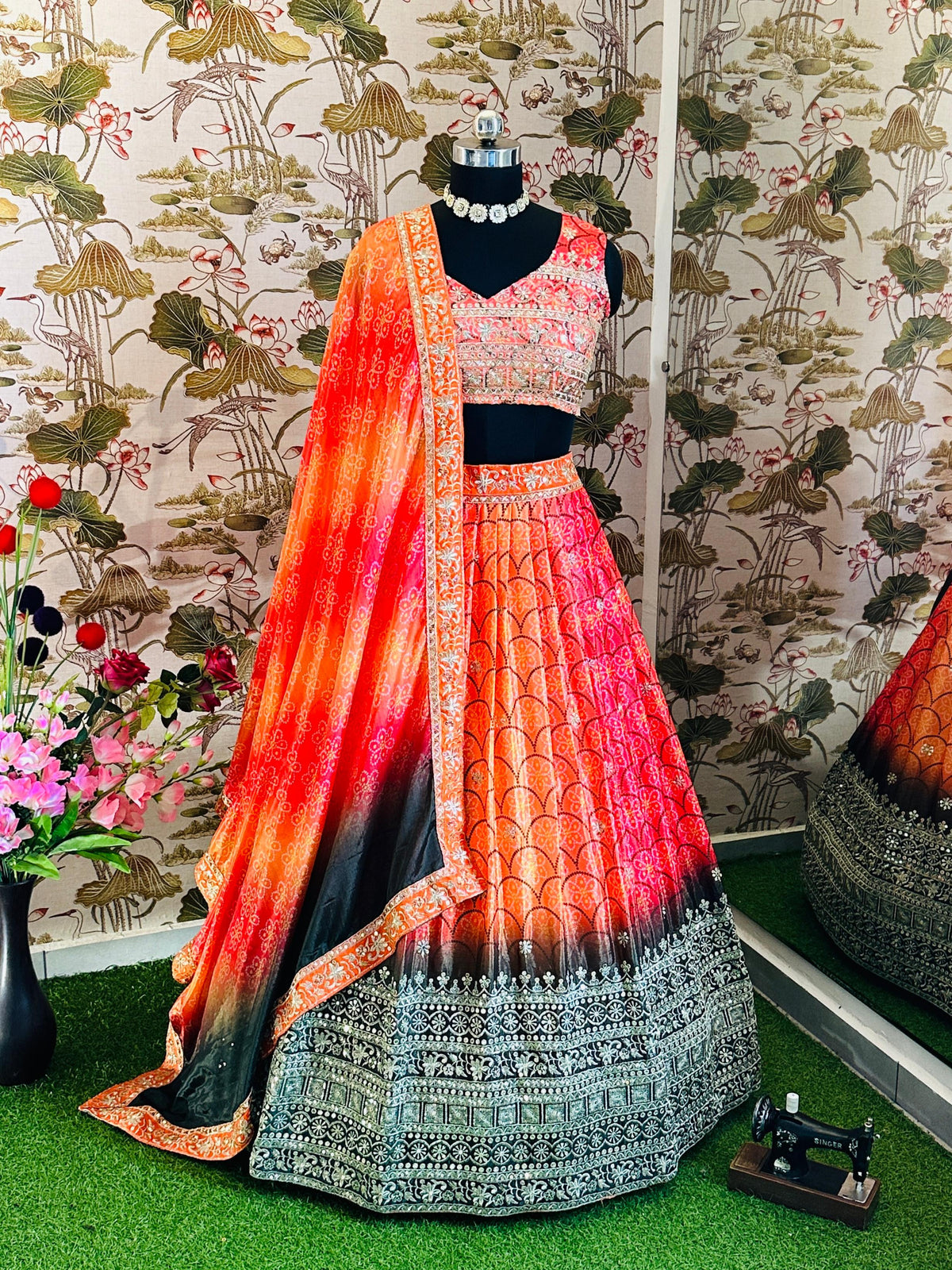 DESINGER HOUSE PRESENTS CHINON SILK WITH DIGITAL PRINT AND EMBROIDERY SEQUENCE DESIGN WORK LEHENGHA CHOLI