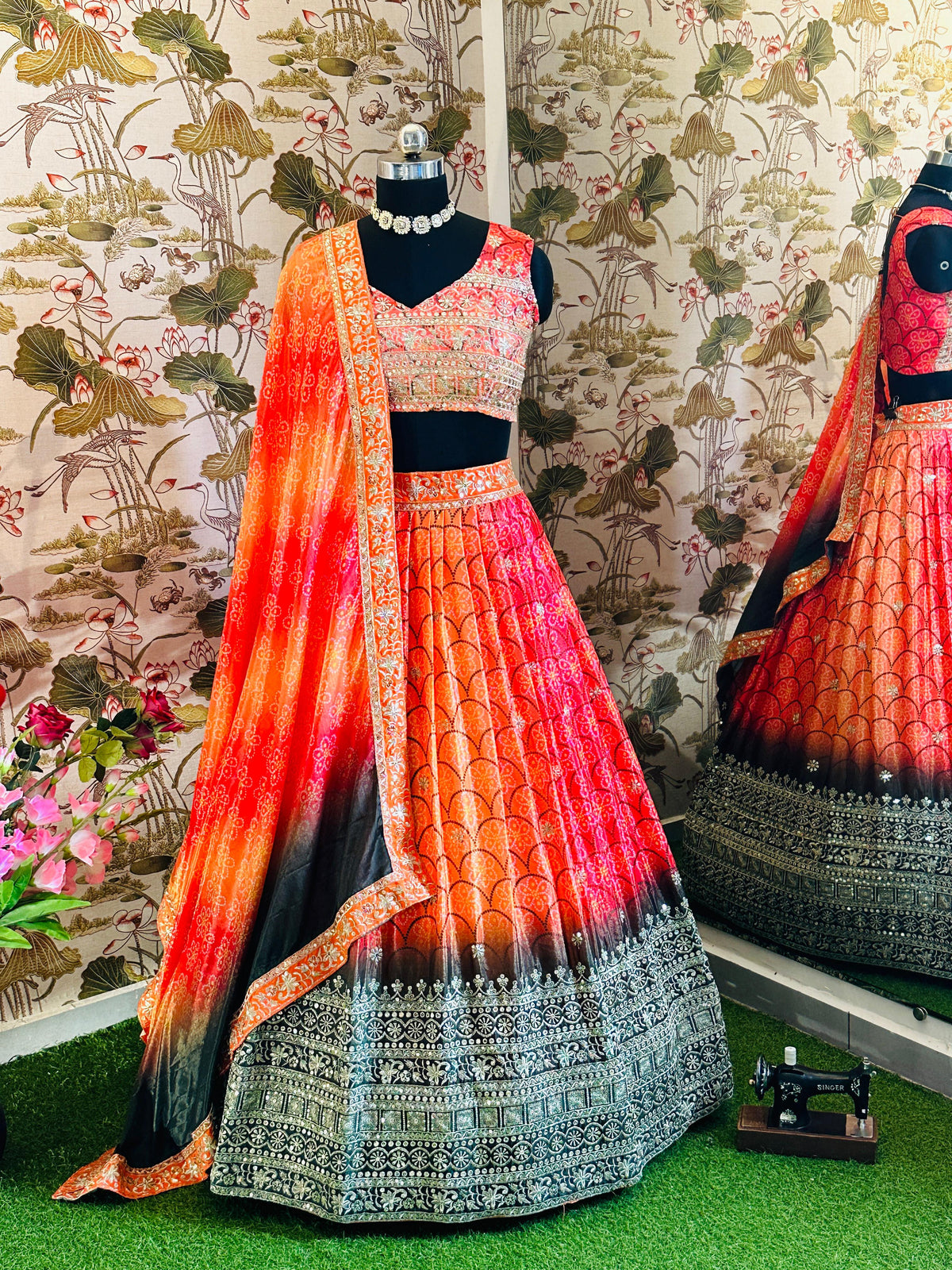 DESINGER HOUSE PRESENTS CHINON SILK WITH DIGITAL PRINT AND EMBROIDERY SEQUENCE DESIGN WORK LEHENGHA CHOLI