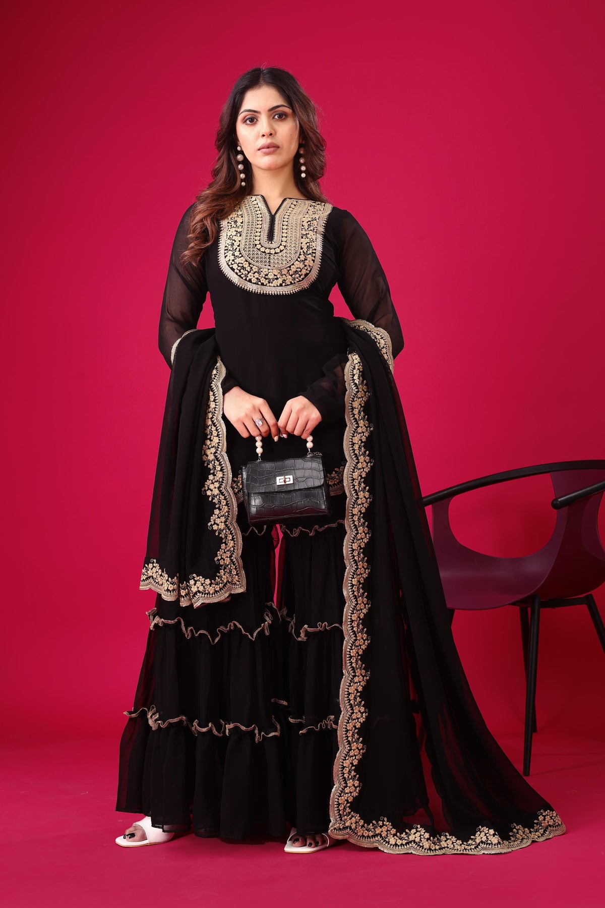 Presenting New Designer Collection In Blooming Faux Georgette With Heavy Embroidery Sequence Thread Work Top-Bottom And Dupatta Set Fully Stitched Ready To Wear Black