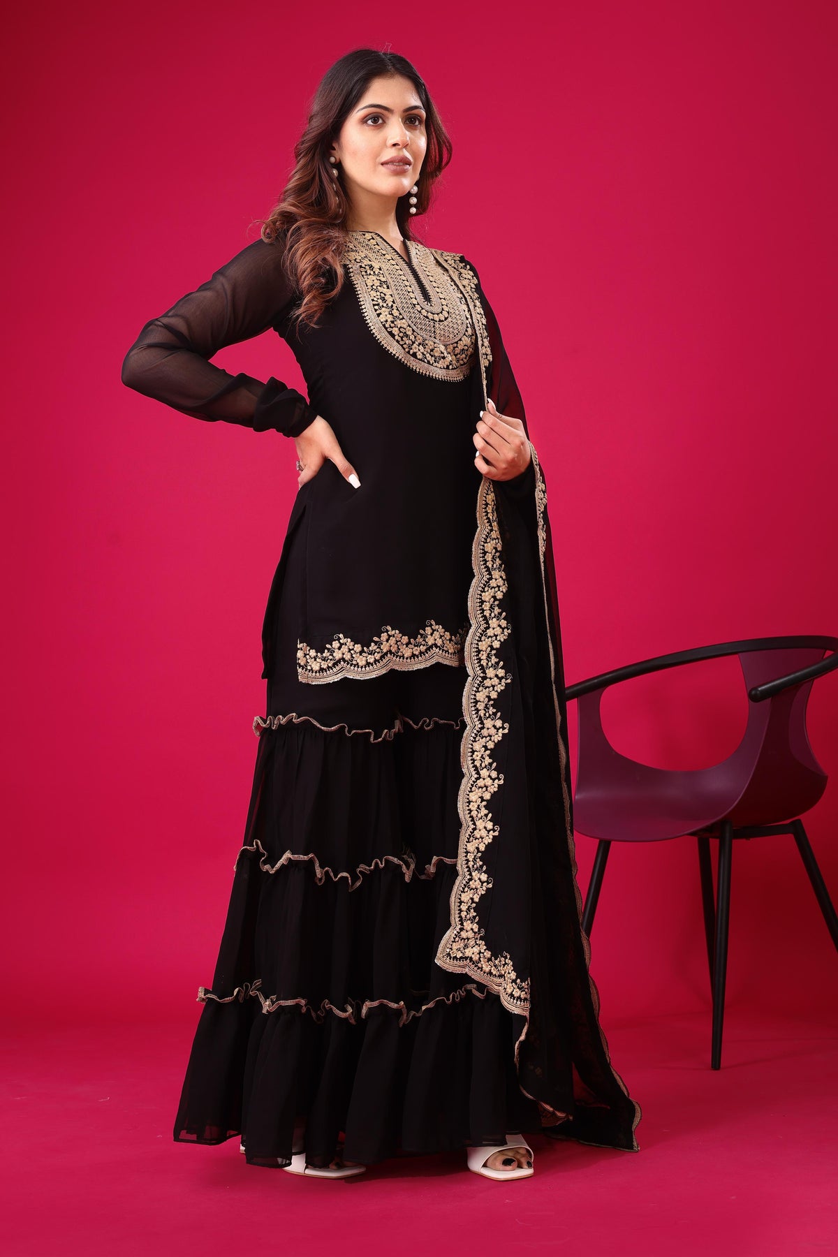 Presenting New Designer Collection In Blooming Faux Georgette With Heavy Embroidery Sequence Thread Work Top-Bottom And Dupatta Set Fully Stitched Ready To Wear Black