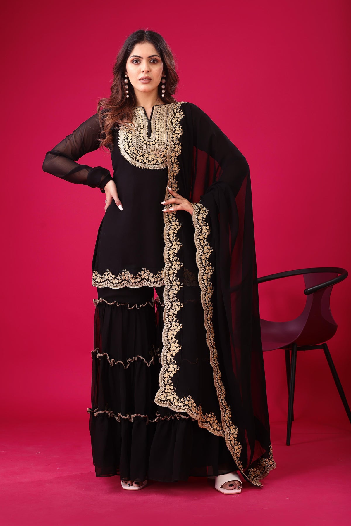 Presenting New Designer Collection In Blooming Faux Georgette With Heavy Embroidery Sequence Thread Work Top-Bottom And Dupatta Set Fully Stitched Ready To Wear Black