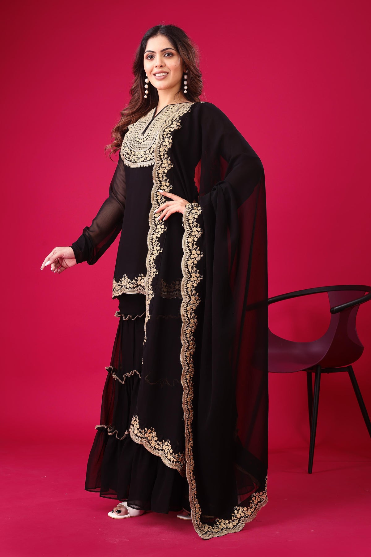 Presenting New Designer Collection In Blooming Faux Georgette With Heavy Embroidery Sequence Thread Work Top-Bottom And Dupatta Set Fully Stitched Ready To Wear Black