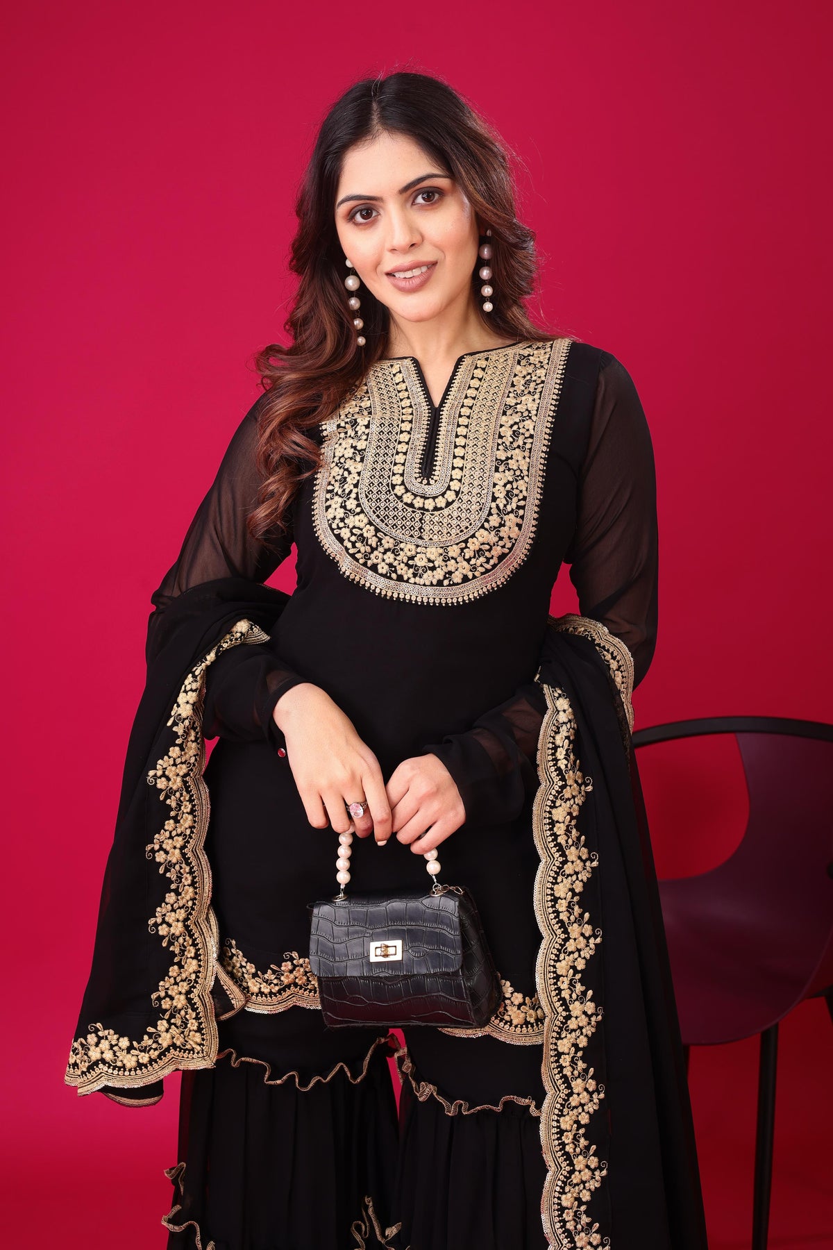 Presenting New Designer Collection In Blooming Faux Georgette With Heavy Embroidery Sequence Thread Work Top-Bottom And Dupatta Set Fully Stitched Ready To Wear Black