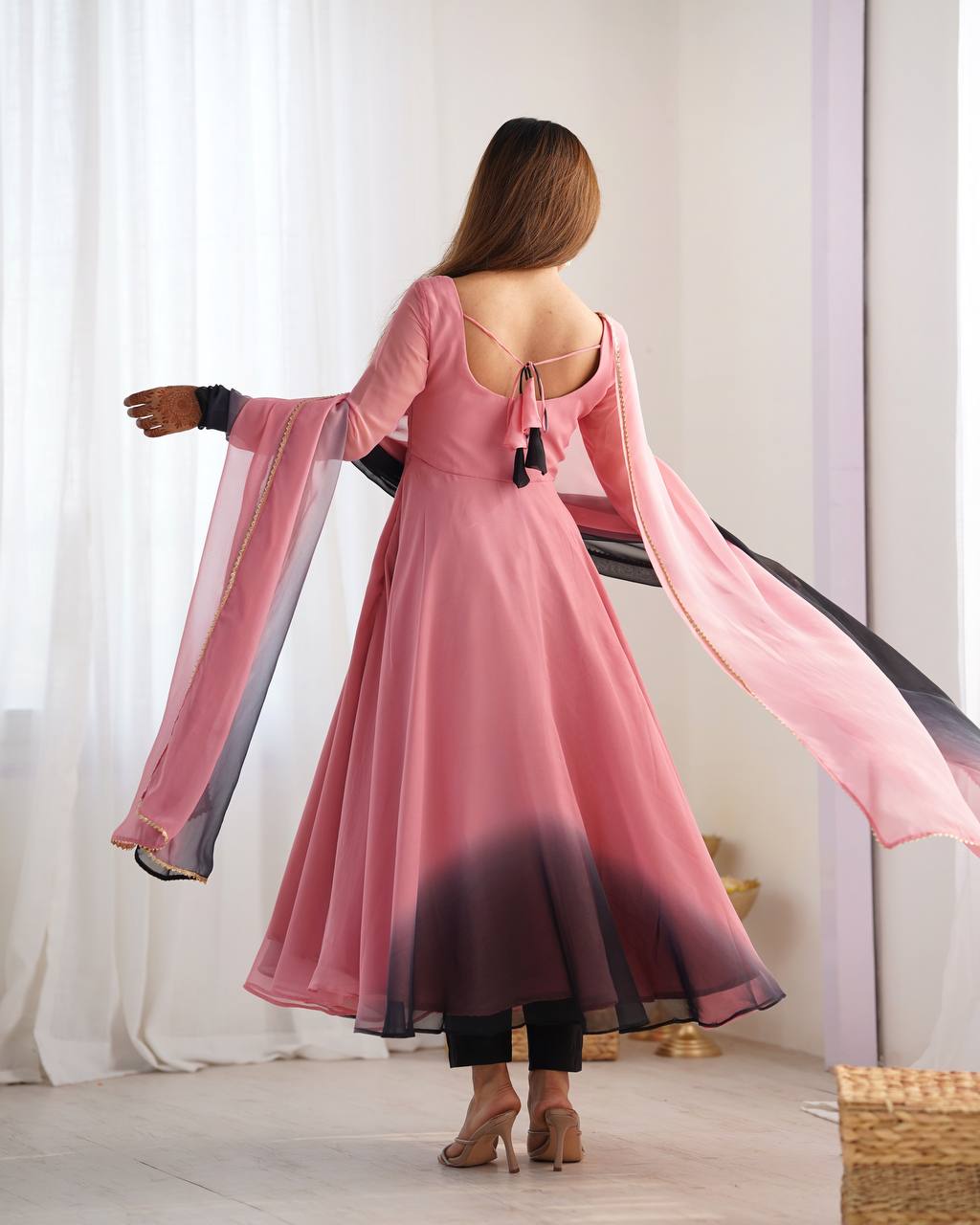 DESINGER HOUSE PRESENTS PINK+BLACK SHADOW PADDING ANARKALI GOWN PAIR