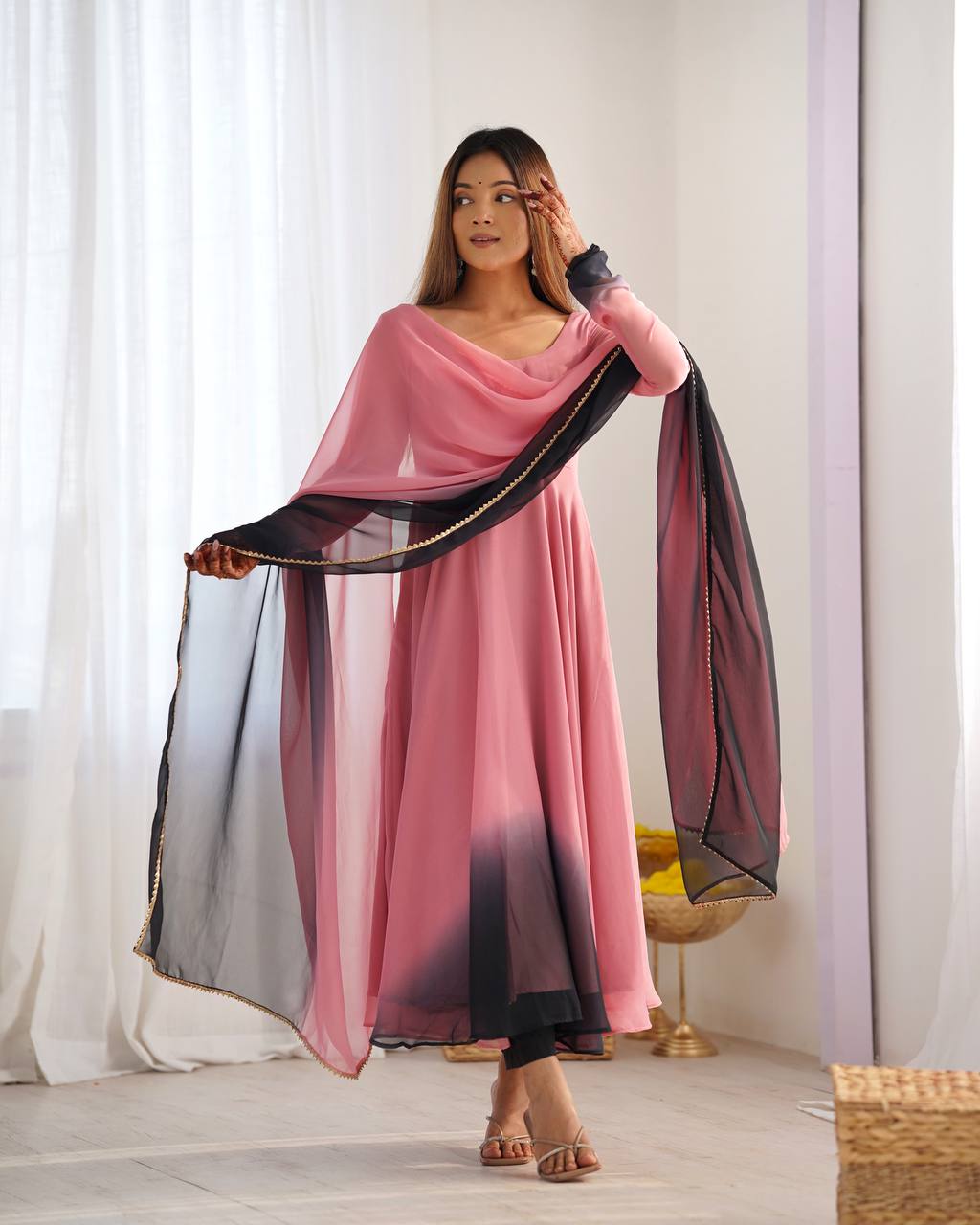 DESINGER HOUSE PRESENTS PINK+BLACK SHADOW PADDING ANARKALI GOWN PAIR